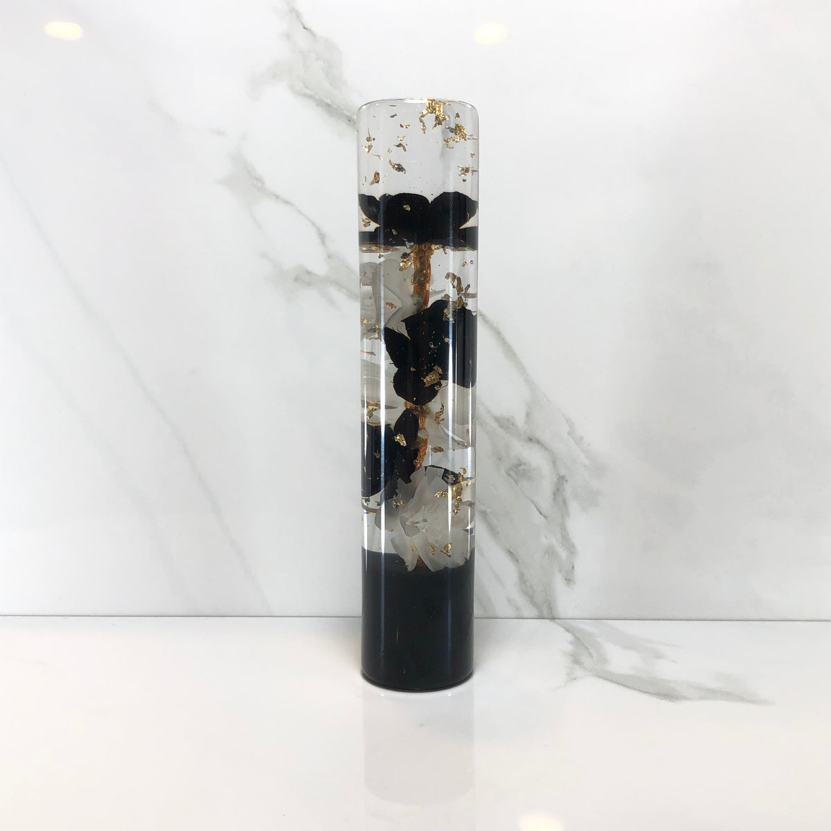 190mm Black White Gold Leaf Blossom Resin Shift Knob — 7.5 in, 12mm x 1.25