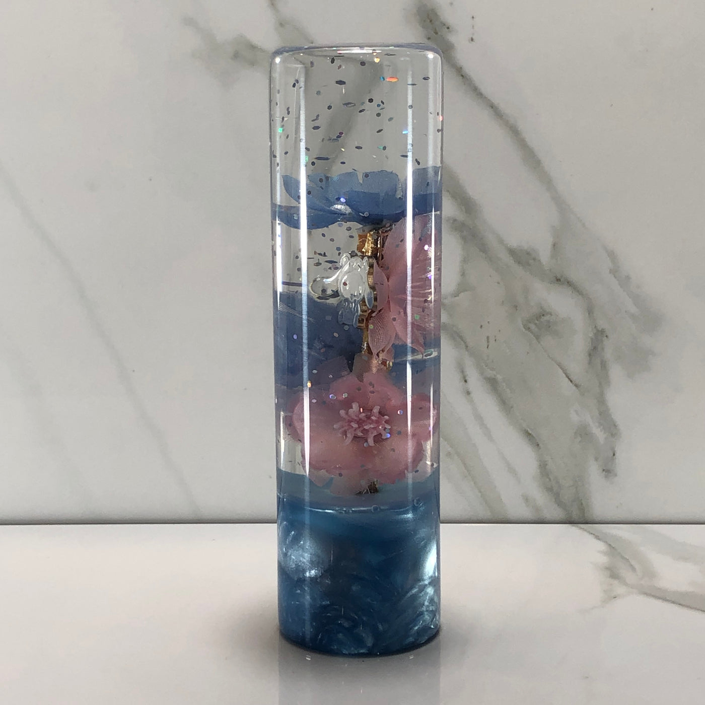 140mm Pink Blue Blossom Charm Resin Shift Knob — 5.5 in, 12mm x 1.25