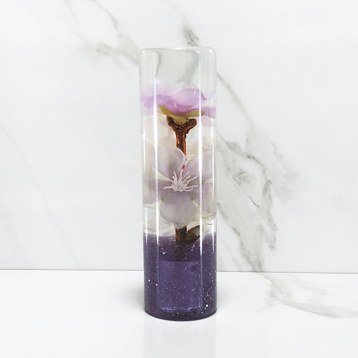 140mm Purple White Blossom Resin Shift Knob — 5.5 in, 12mm x 1.25