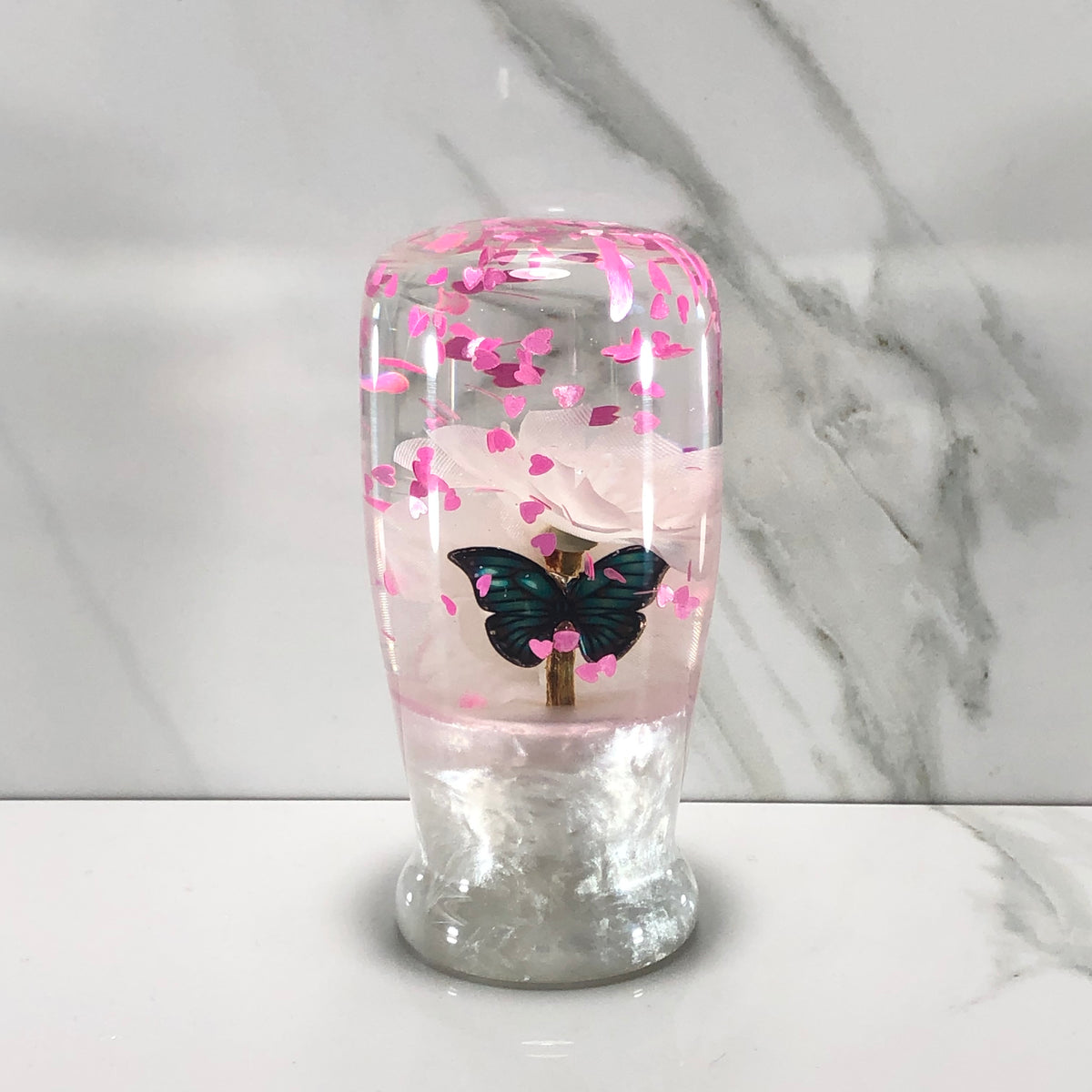 95mm White Butterfly Blossom Resin Shift Knob — 3.5 in, 12mm x 1.25