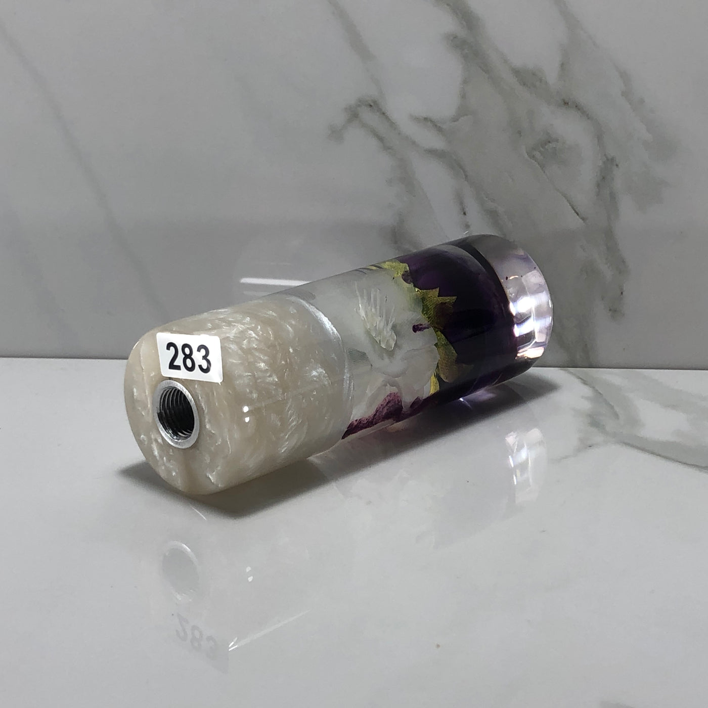 115mm Purple White Rose Blossom Resin Shift Knob — 4.5 in, 12mm x 1.25