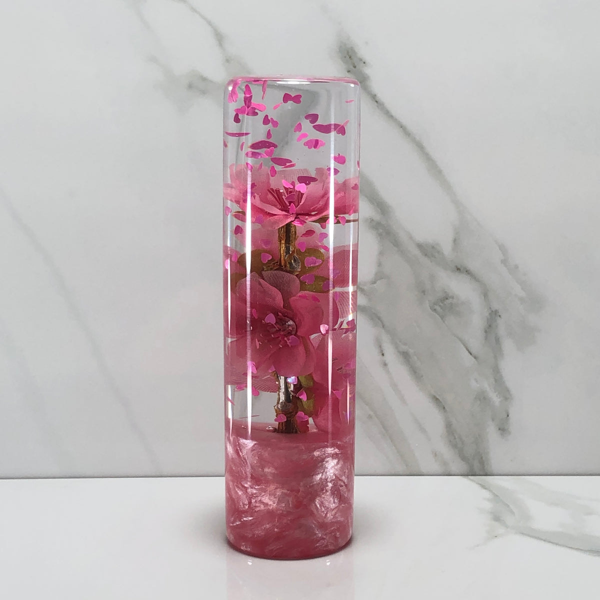 140mm Pink Glitter Blossom Heart Resin Shift Knob — 5.5 in, 12mm x 1.25