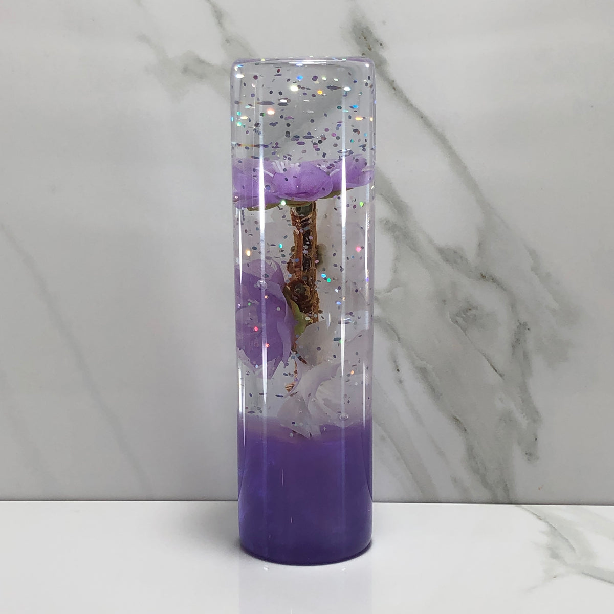 140mm Purple White Blossom Resin Shift Knob — 5.5 in, 12mm x 1.25