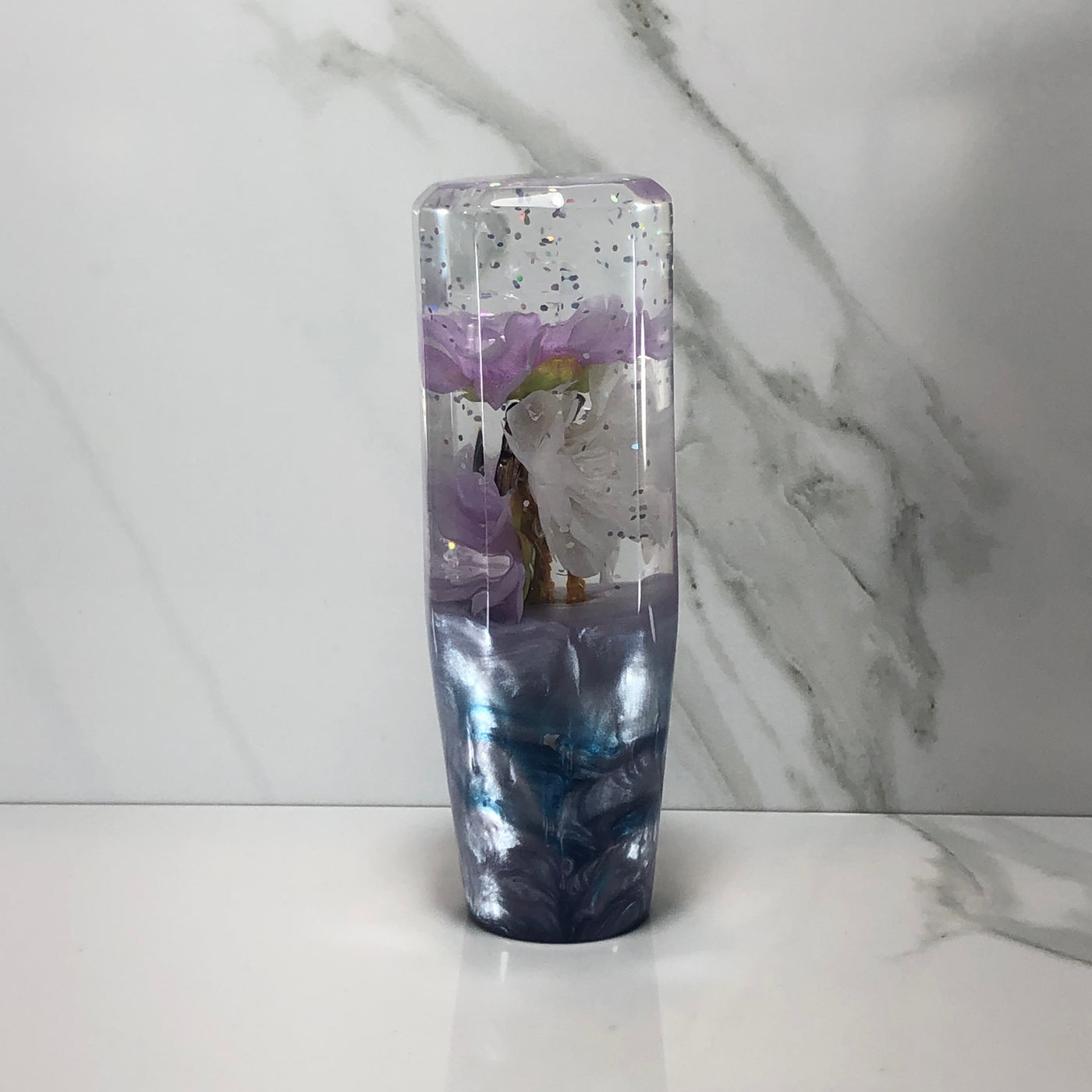 115mm Purple Blossom Butterfly Resin Shift Knob — 4.5 in, 12mm x 1.25