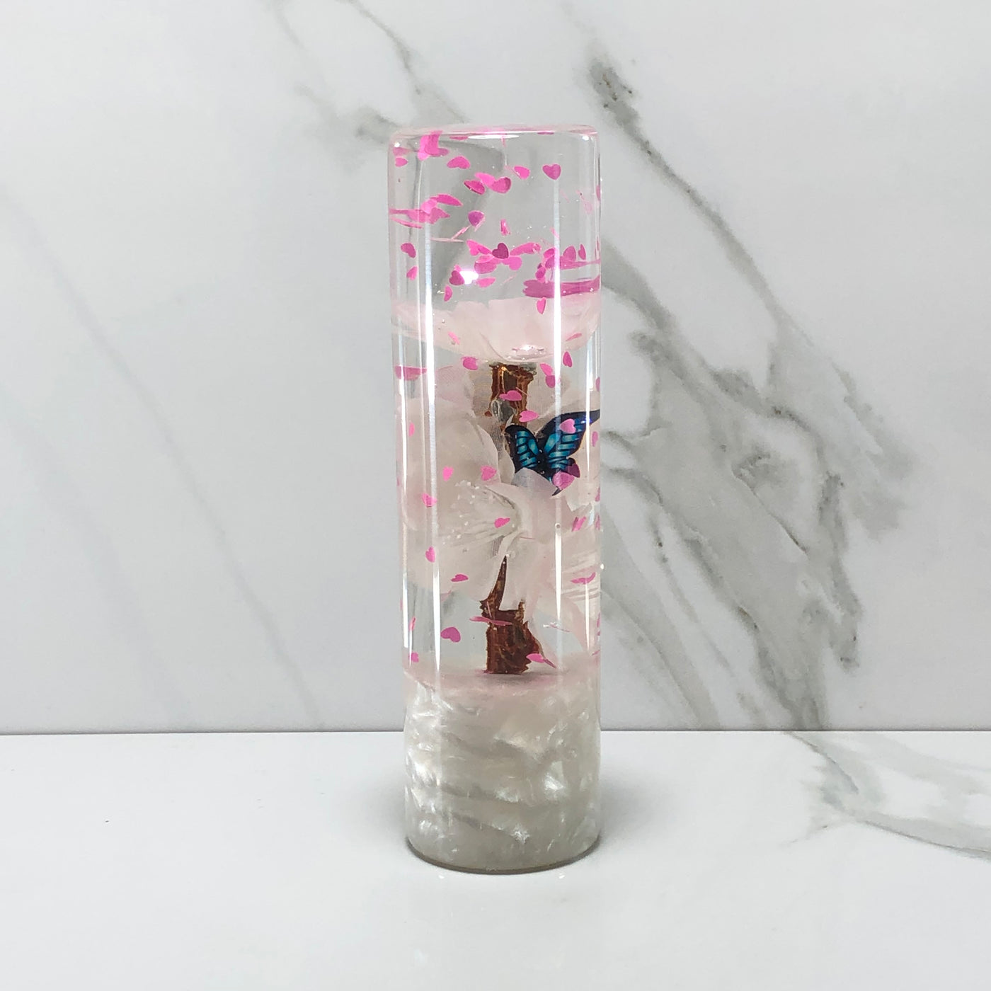 140mm White Pink Blossom Hearts Resin Shift Knob — 5.5 in, 12mm x 1.25
