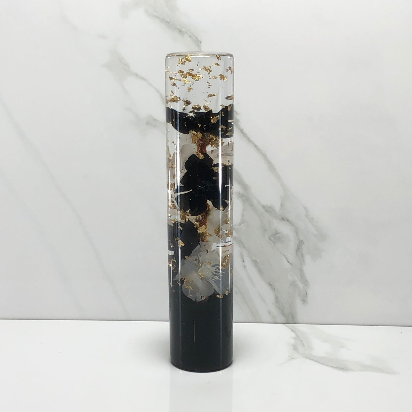 190mm Black White Gold Leaf Blossom Resin Shift Knob — 7.5 in, 12mm x 1.25