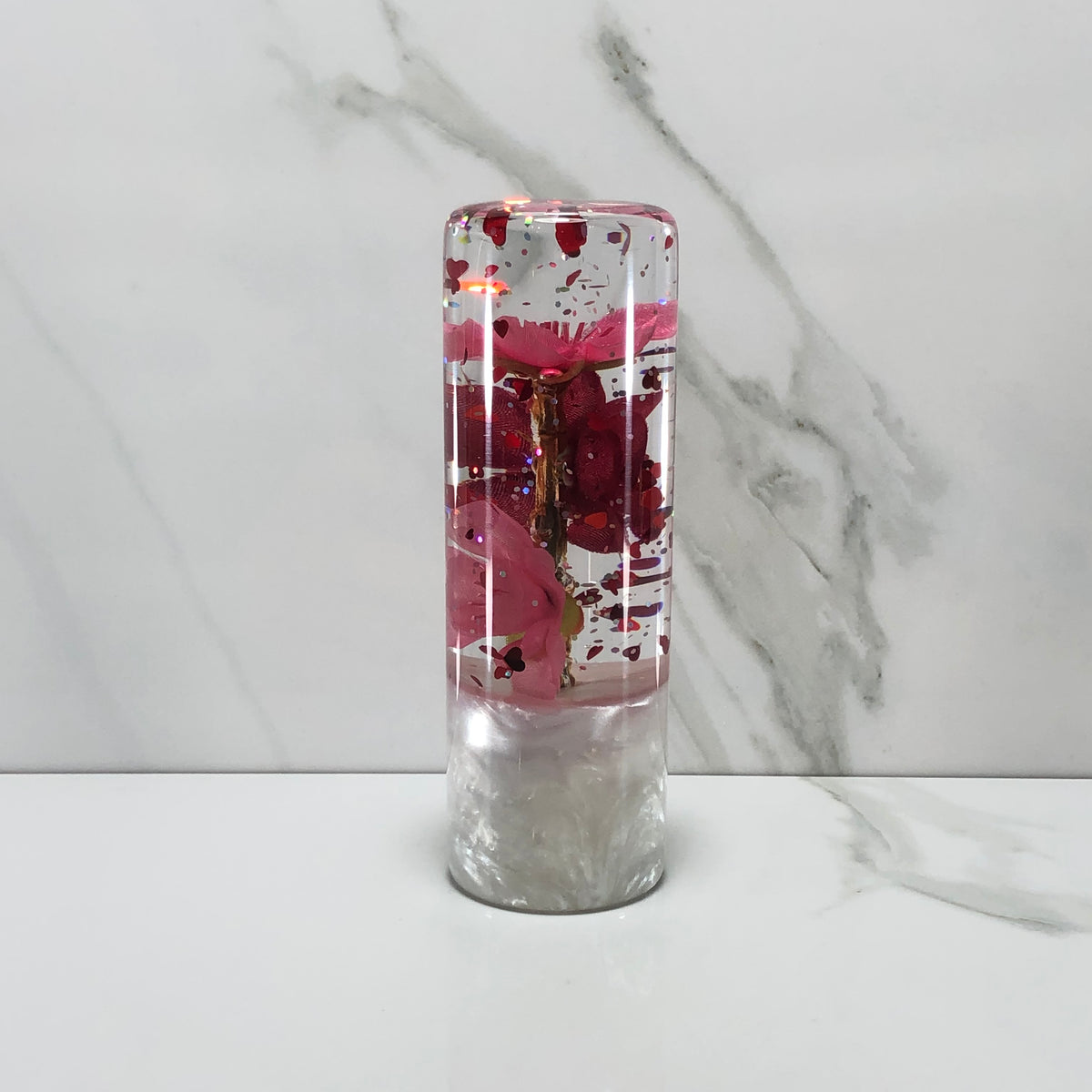 115mm Pink Red Blossom Heart Resin Shift Knob — 4.5 in, 12mm x 1.25