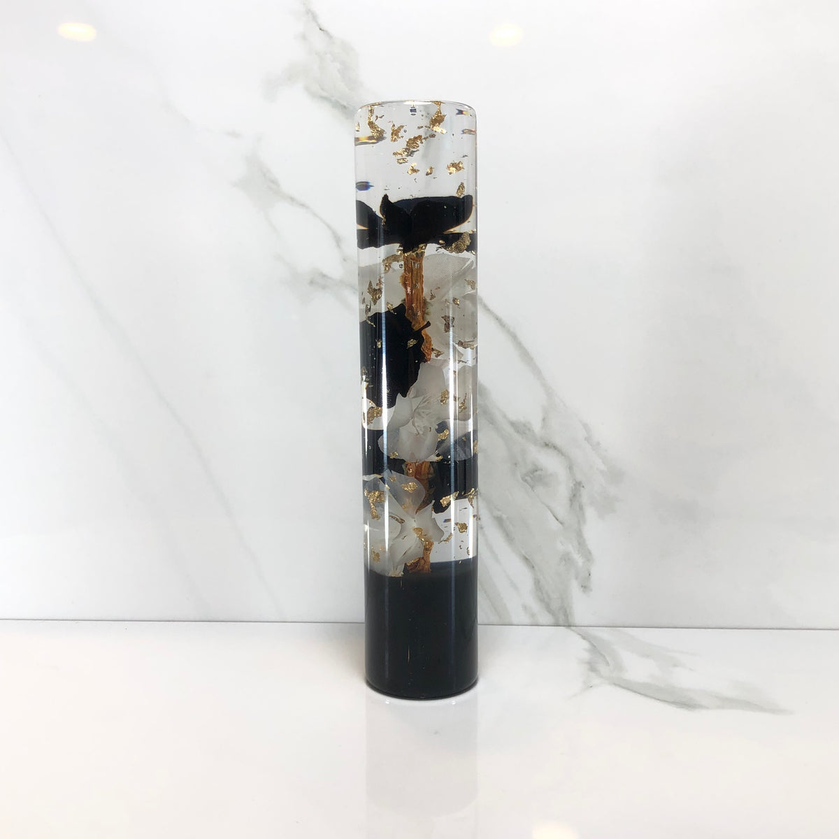 190mm Black White Gold Leaf Blossom Resin Shift Knob — 7.5 in, 12mm x 1.25