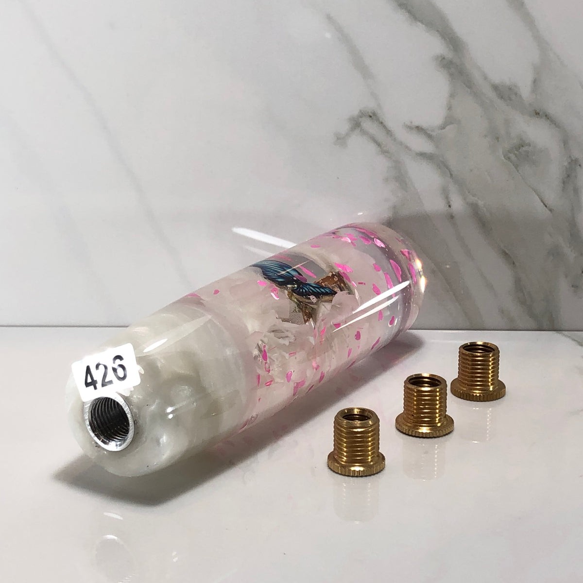 140mm White Blossom Butterfly Resin Shift Knob — 5.5 in, 12mm x 1.25