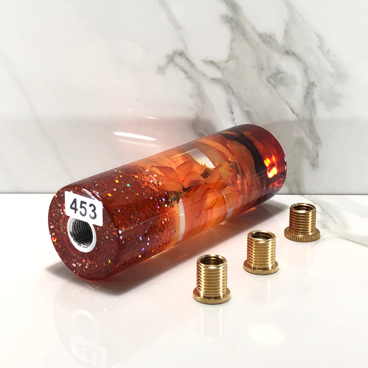 115mm Orange Flower Resin Shift Knob — 4.5 in, 12mm x 1.25