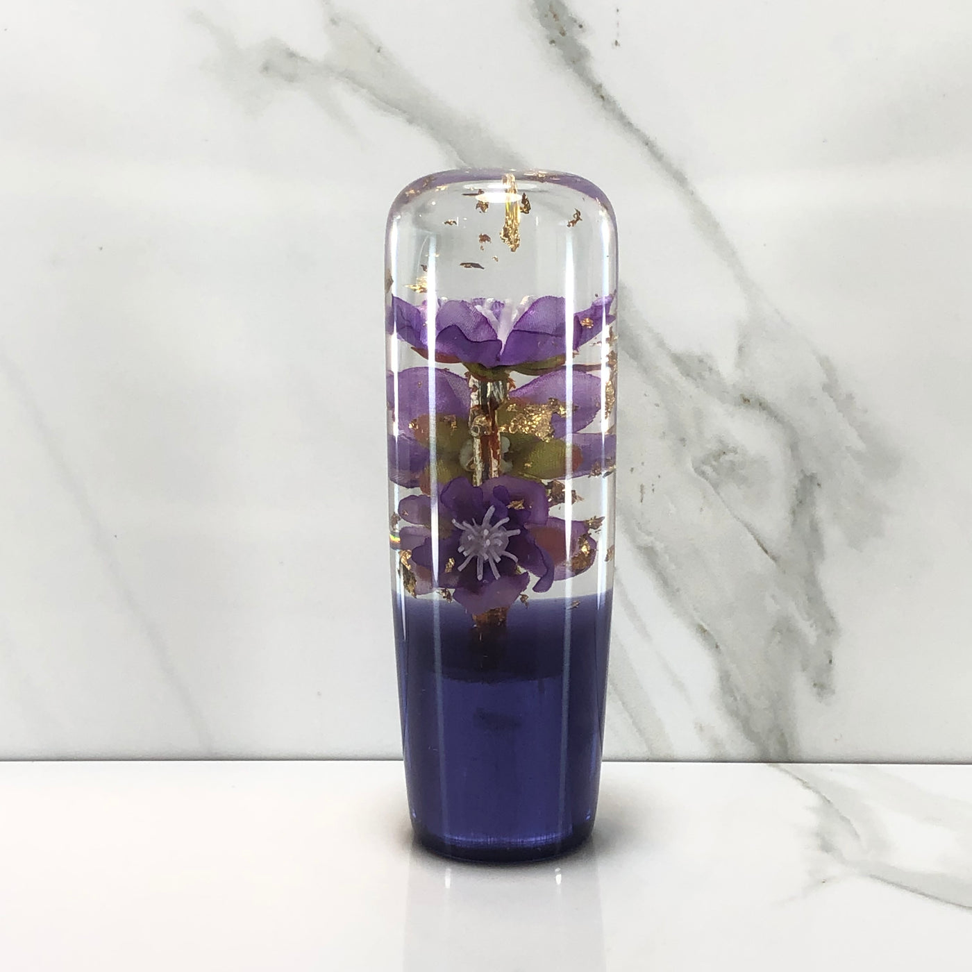 115mm Purple Gold Gold Leaf Blossom Joystick Resin Shift Knob — 4.5 in, 12mm x 1.25