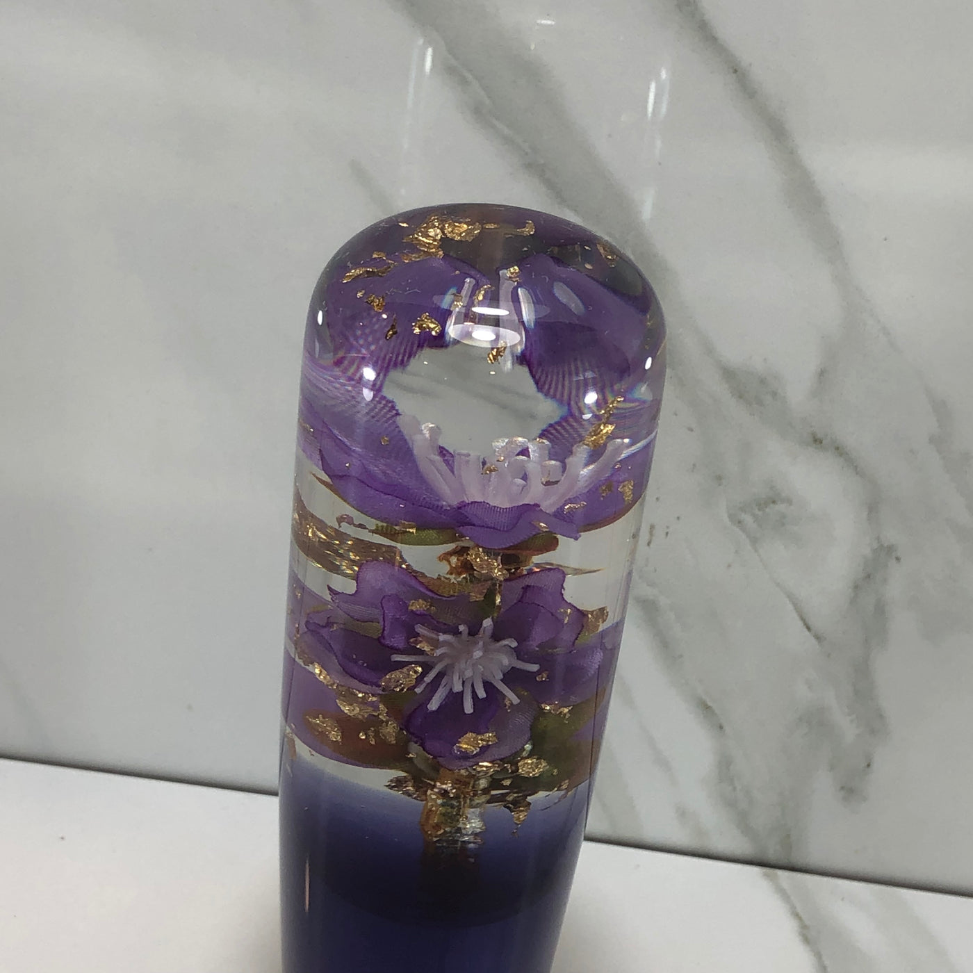115mm Purple Gold Gold Leaf Blossom Joystick Resin Shift Knob — 4.5 in, 12mm x 1.25
