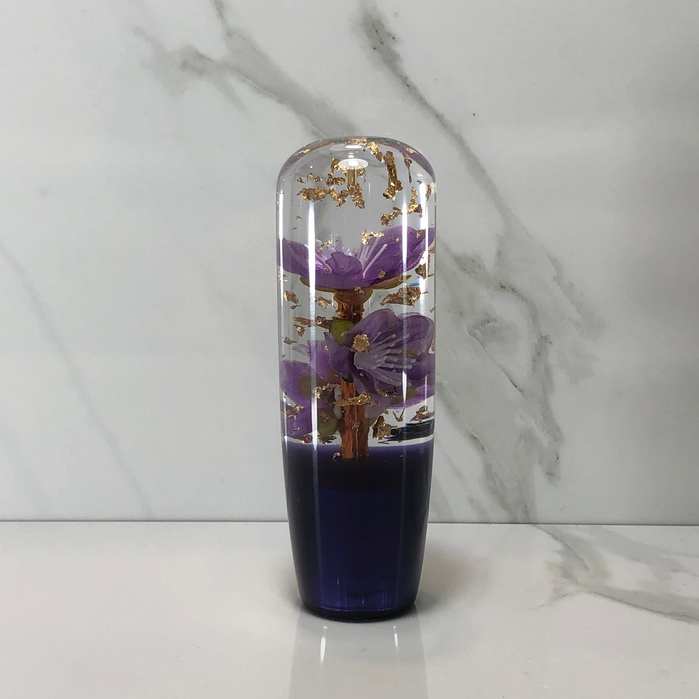 115mm Purple Gold Gold Leaf Blossom Joystick Resin Shift Knob — 4.5 in, 12mm x 1.25