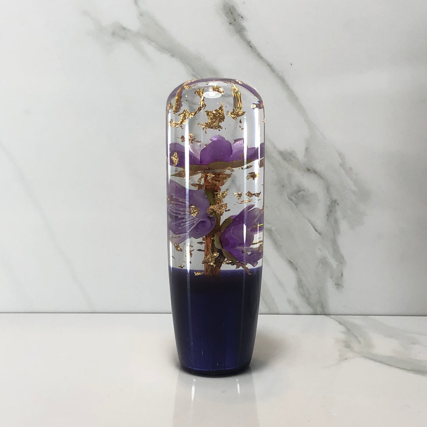 115mm Purple Gold Gold Leaf Blossom Joystick Resin Shift Knob — 4.5 in, 12mm x 1.25