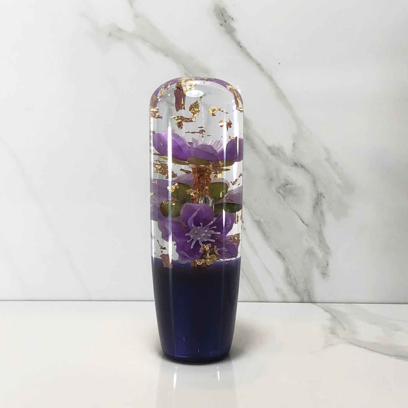 115mm Purple Gold Gold Leaf Blossom Joystick Resin Shift Knob — 4.5 in, 12mm x 1.25