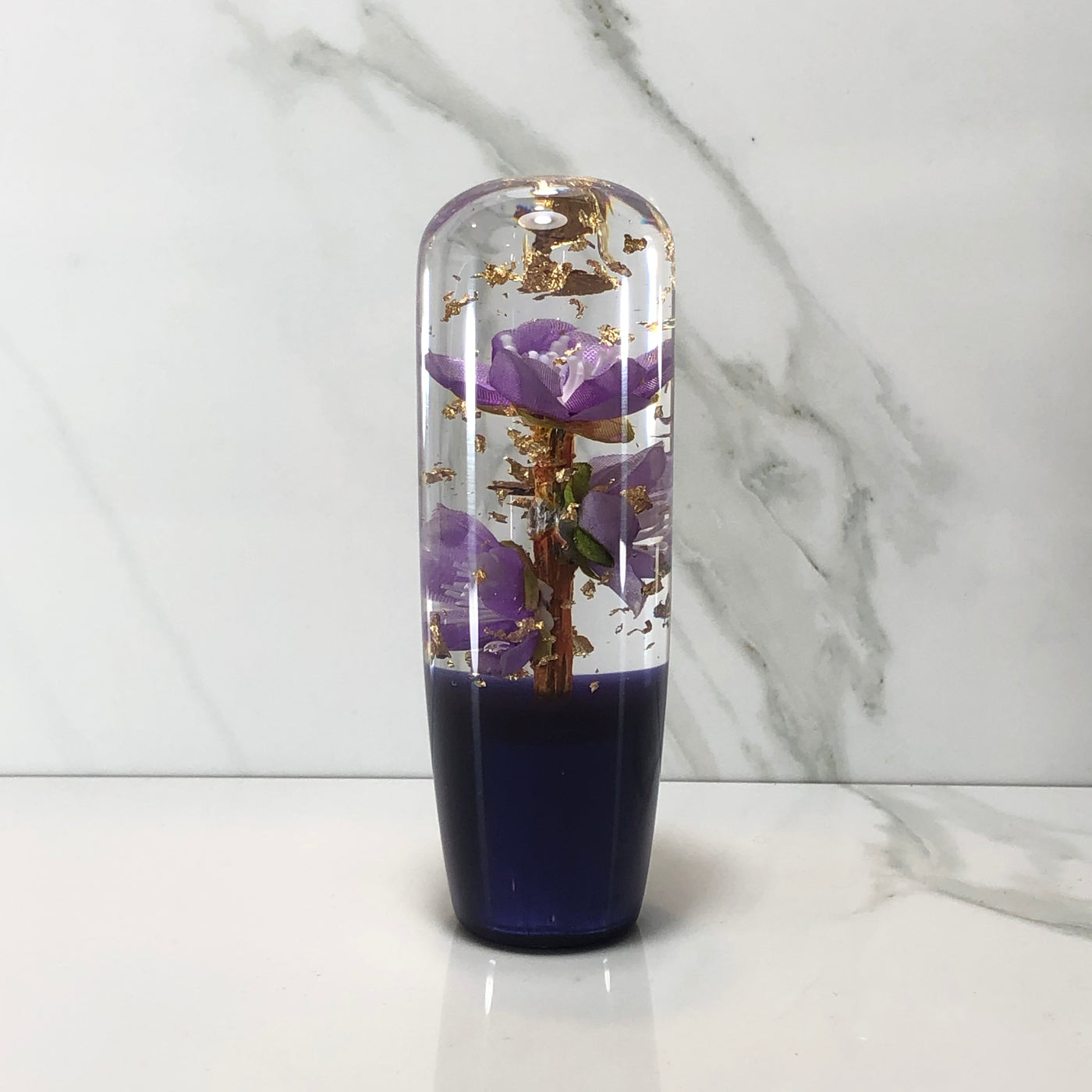 115mm Purple Gold Gold Leaf Blossom Joystick Resin Shift Knob — 4.5 in, 12mm x 1.25
