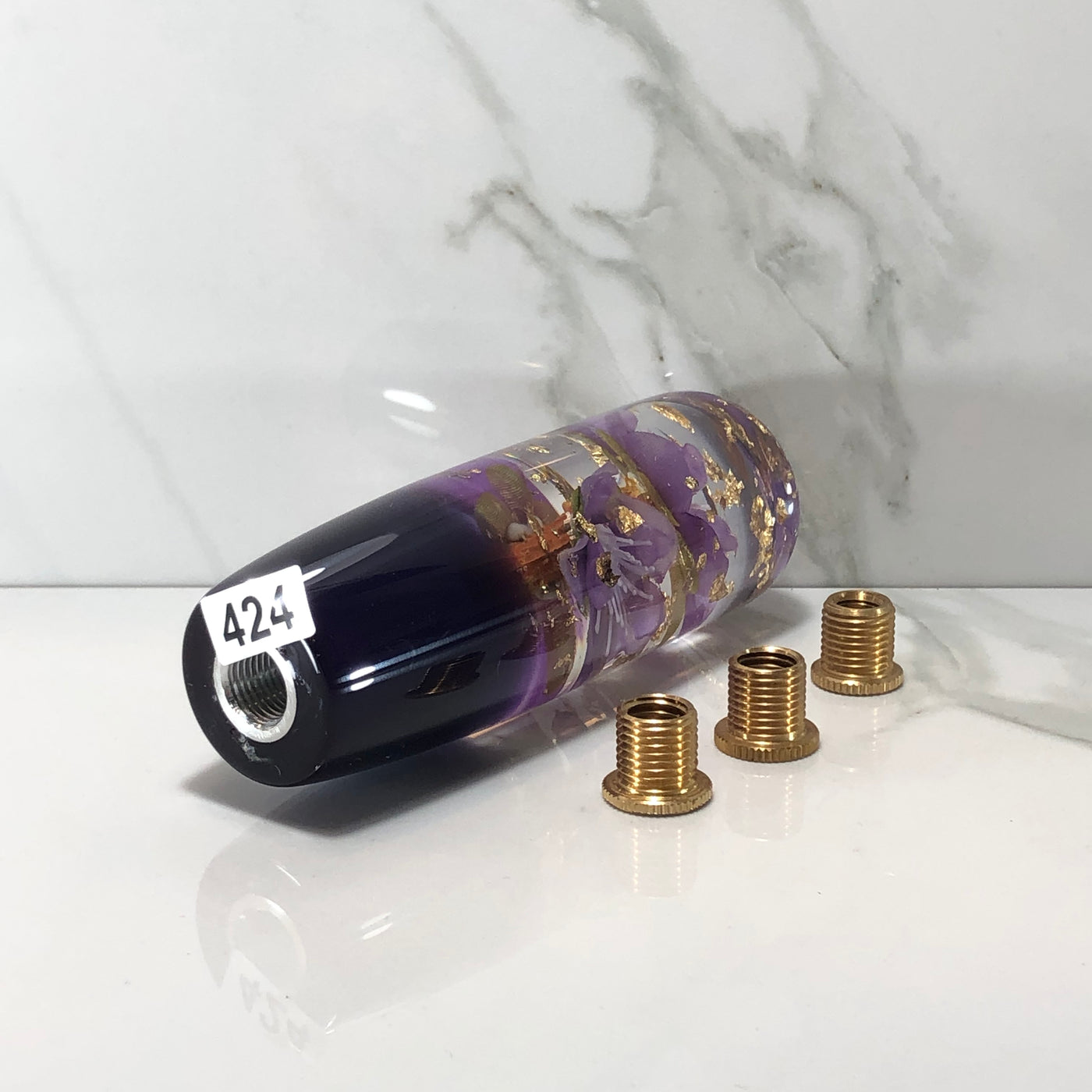115mm Purple Gold Gold Leaf Blossom Joystick Resin Shift Knob — 4.5 in, 12mm x 1.25