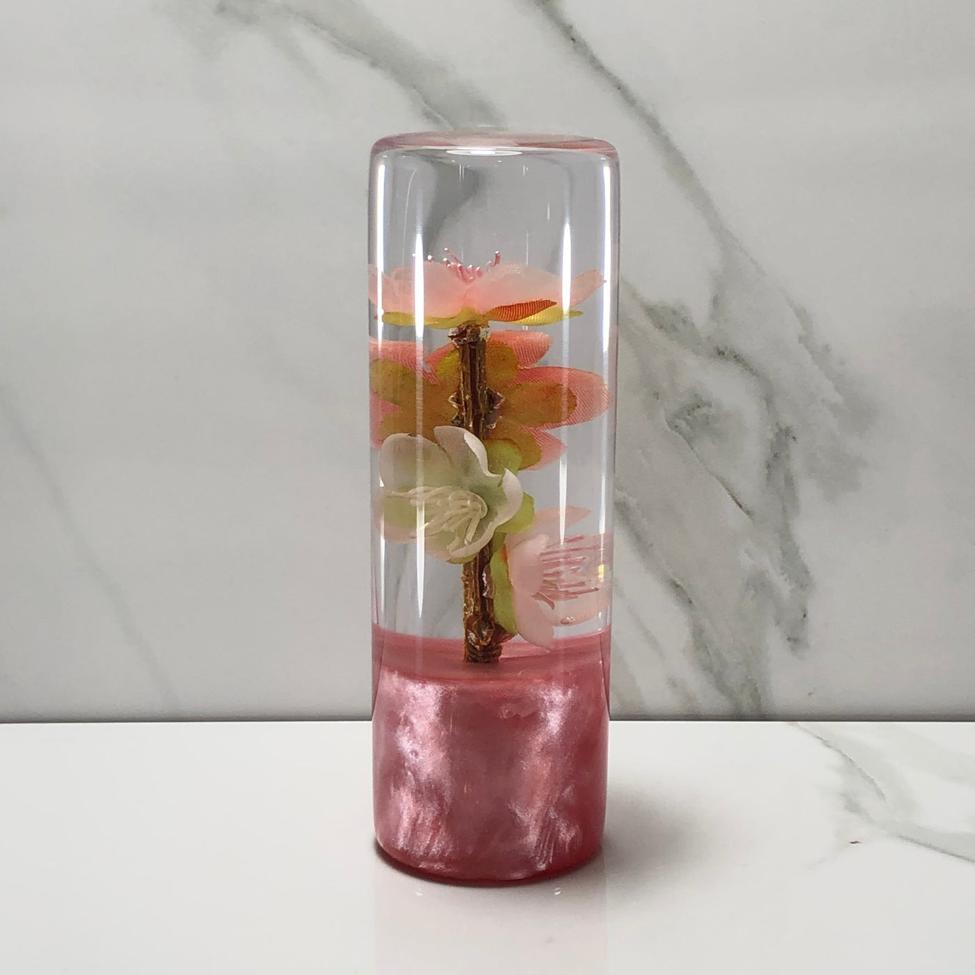 115mm Pink White Blossom Resin Shift Knob — 4.5 in, 12mm x 1.25