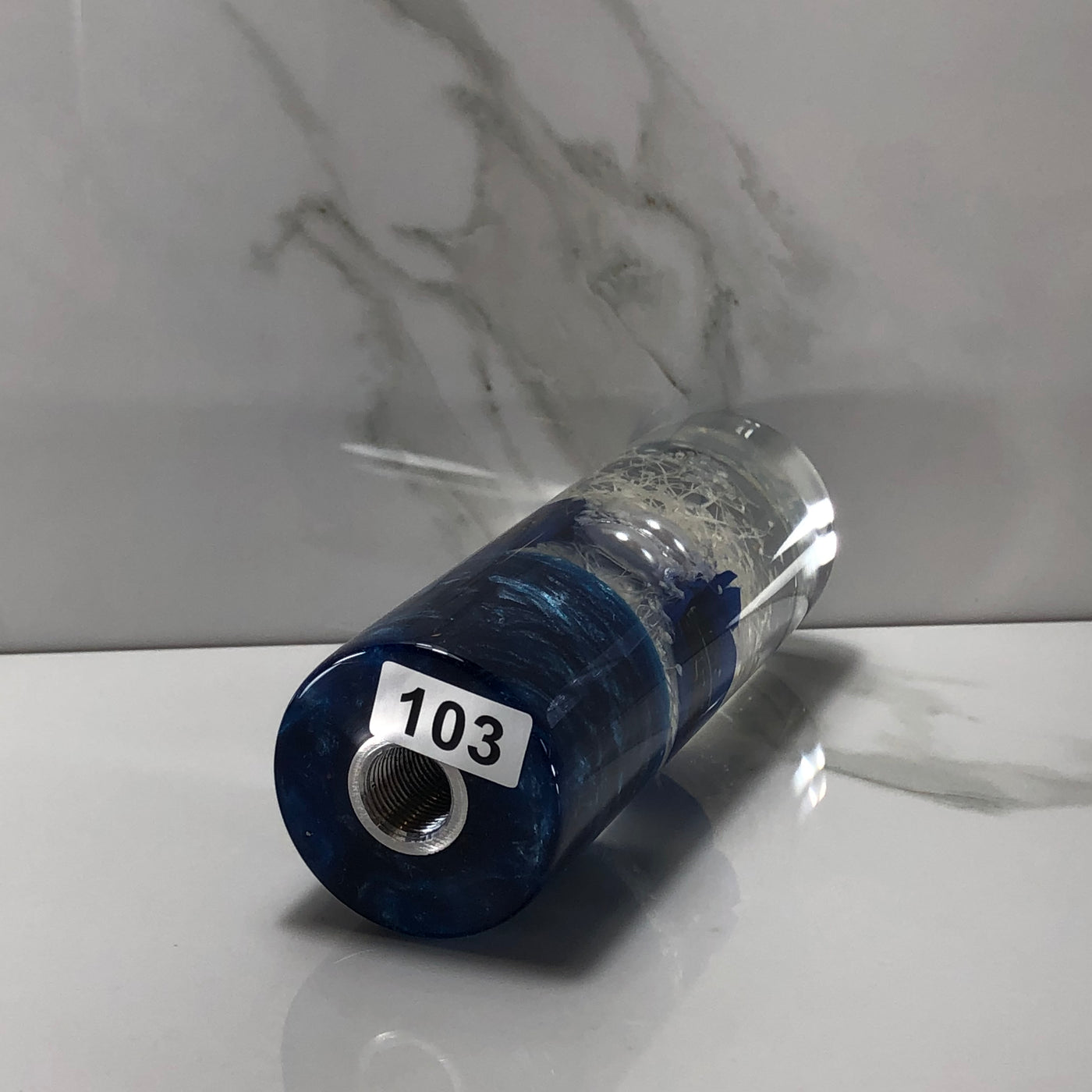 115mm White Blue Stardust Blossom Resin Shift Knob — 4.5 in, 12mm x 1.25