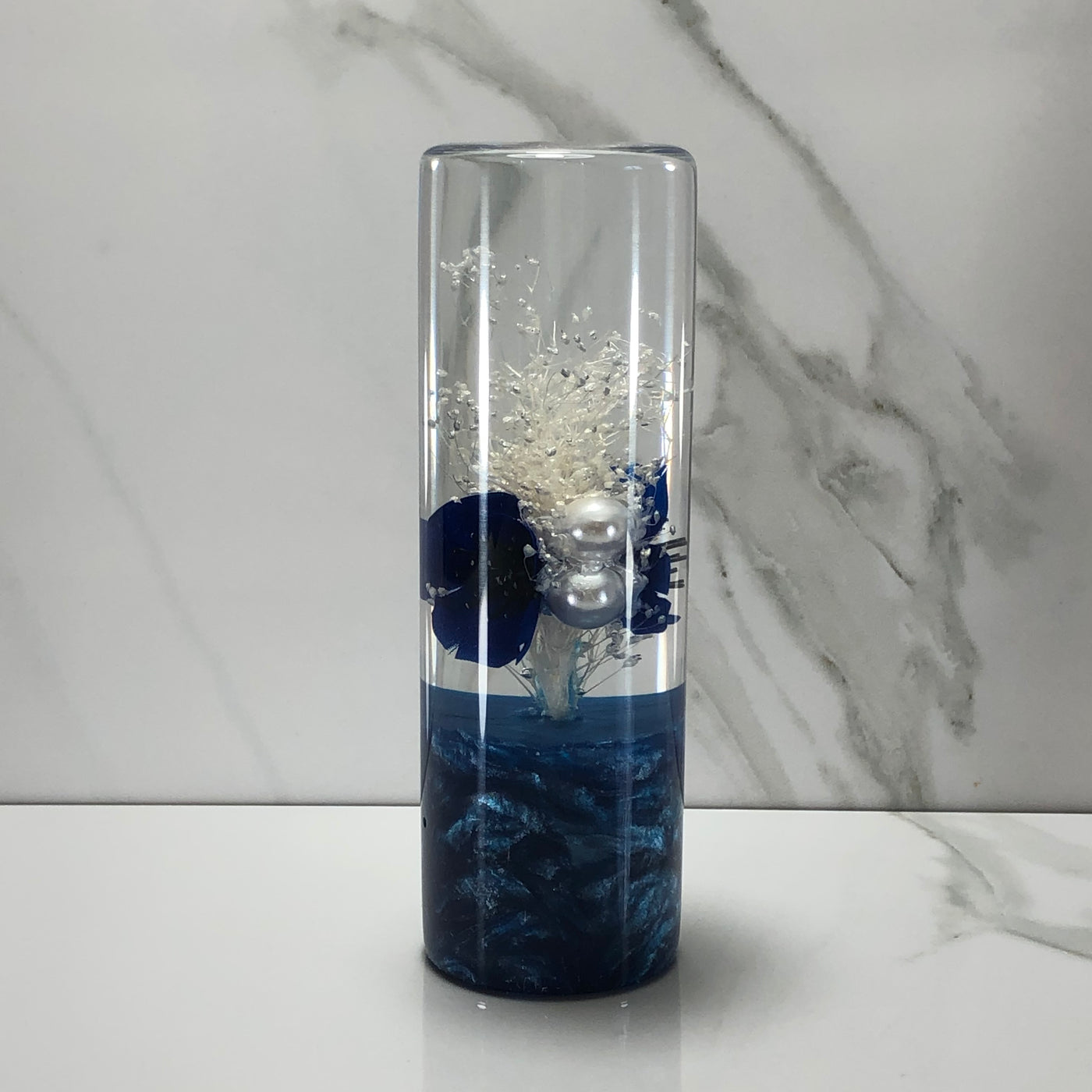 115mm White Blue Stardust Blossom Resin Shift Knob — 4.5 in, 12mm x 1.25