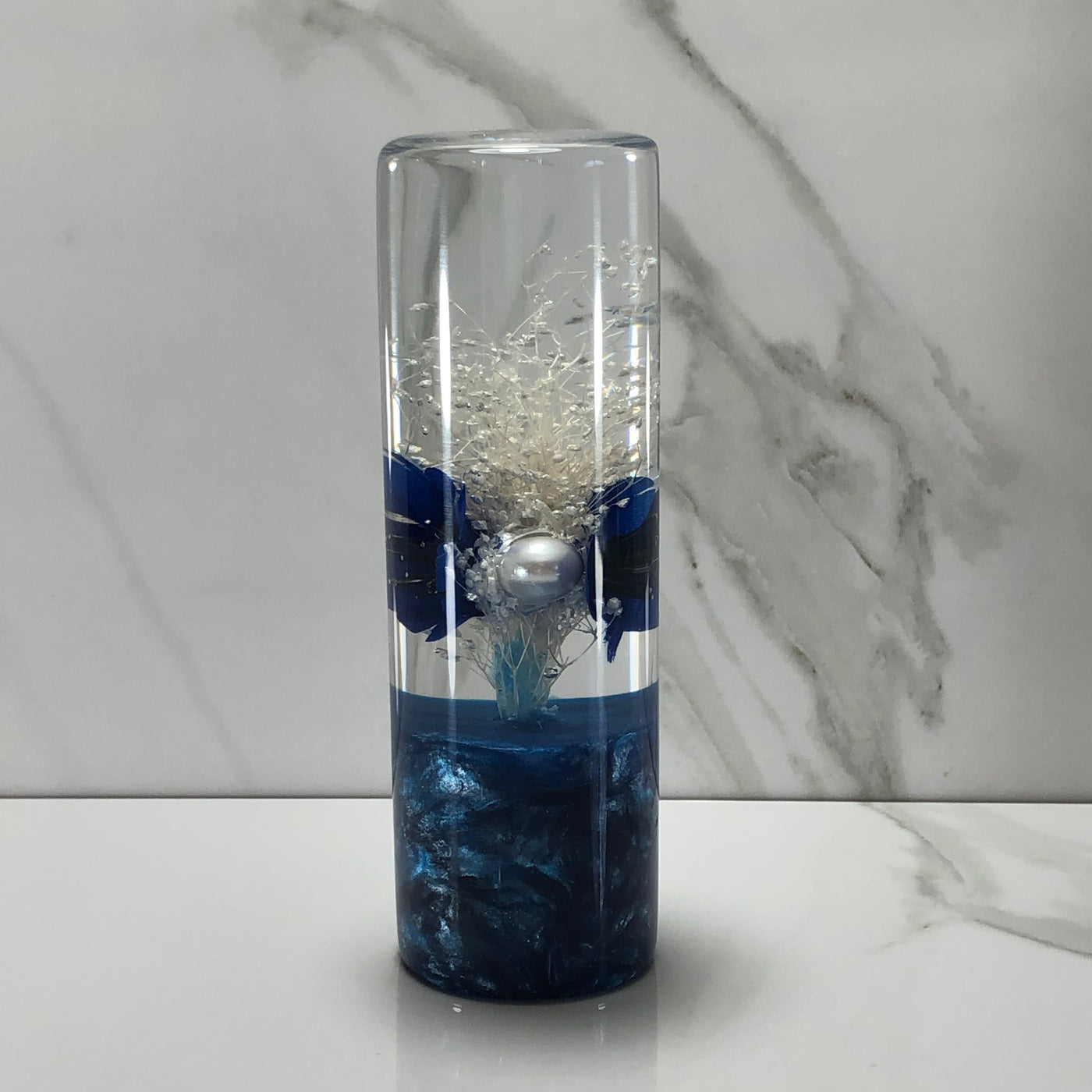 115mm White Blue Stardust Blossom Resin Shift Knob — 4.5 in, 12mm x 1.25