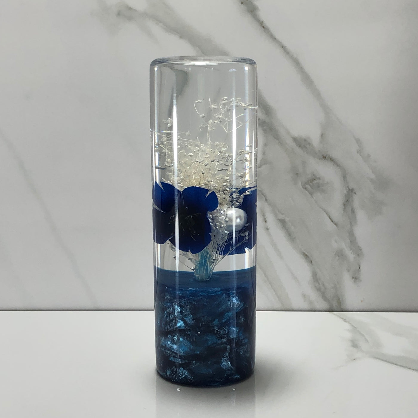 115mm White Blue Stardust Blossom Resin Shift Knob — 4.5 in, 12mm x 1.25